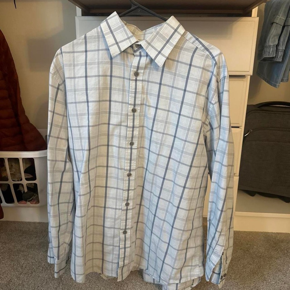 Alfani white and blue plaid button-up shirt